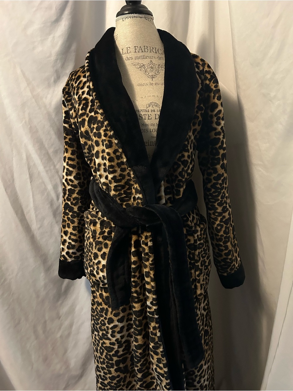 Leopard Print Faux Fur Robe with Black Trim
